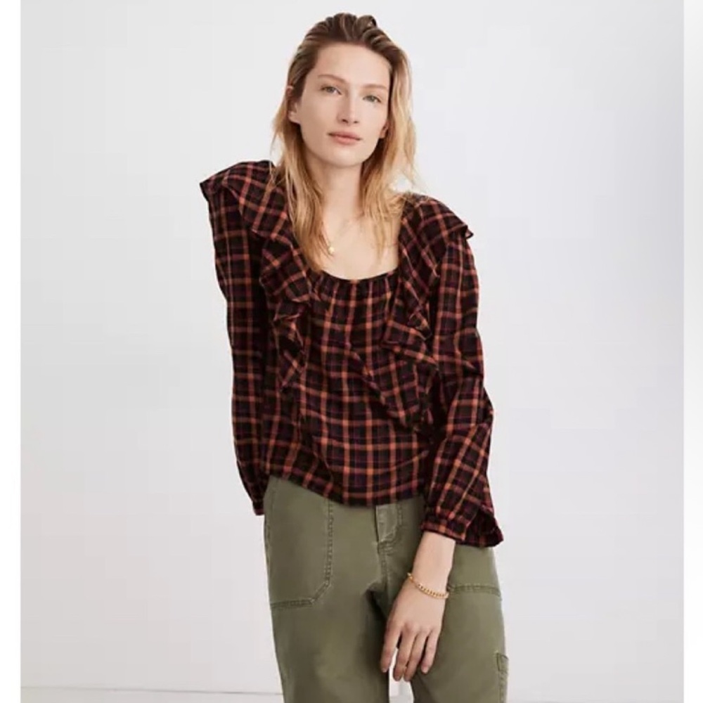 Madewell Plaid‎ Ruffled Sqaureneck Gingham Red and Black Top Size L Cotton